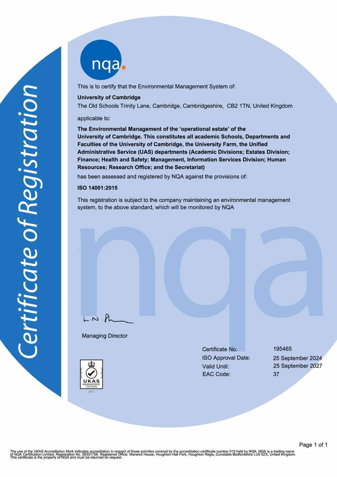 Certificate of Registration for the University of Cambridge's Environmental Management System, compliant with ISO 14001:2015, valid until September 2027, issued by NQA