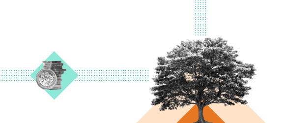 Abstract illustration to represent financial and economic matters. A greyscale tree overlayed on top of orange triangle shapes, with a greyscale stack of pound coins to the left, overlayed on a blue diamond shape.