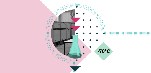 Abstract illustration with a light pink and white background, a conical flask overlayed on top of an image of laboratory ultra-low temperature freezers, with a teal diamond shaped icon to the right of the flask saying '-70°C'.