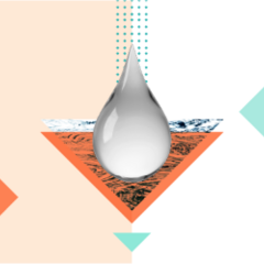 Abstract illustration representing environmental management. The left side is light orange, the right side is white. A greyscale water droplet is in the centre, a bar chart icon to the left showing a decrease in CO2 and an EMS ISO:14001 logo to the right.