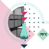 Abstract illustration with a light pink and white background, a conical flask overlayed on top of an image of laboratory ultra-low temperature freezers, with a teal diamond shaped icon to the right of the flask saying '-70°C'.