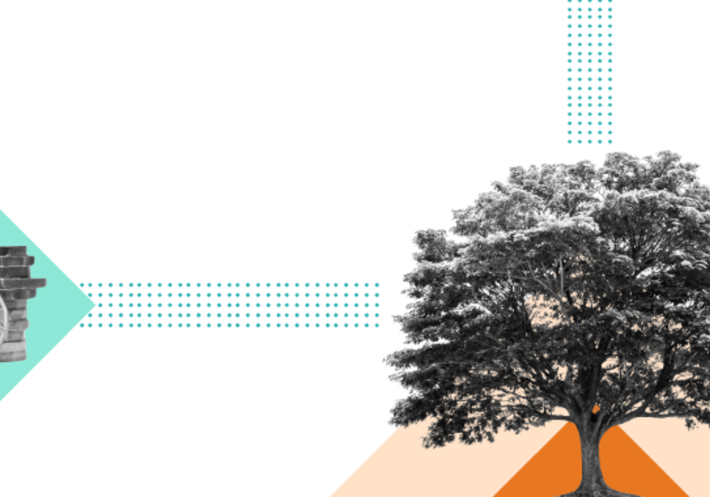 Abstract illustration to represent financial and economic matters. A greyscale tree overlayed on top of orange triangle shapes, with a greyscale stack of pound coins to the left, overlayed on a blue diamond shape. 