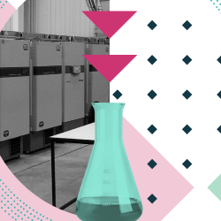 Abstract illustration with a light pink and white background, a conical flask overlayed on top of an image of laboratory ultra-low temperature freezers, with a teal diamond shaped icon to the right of the flask saying '-70°C'.