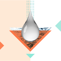 Abstract illustration representing environmental management. The left side is light orange, the right side is white. A greyscale water droplet is in the centre, a bar chart icon to the left showing a decrease in CO2 and an EMS ISO:14001 logo to the right.
