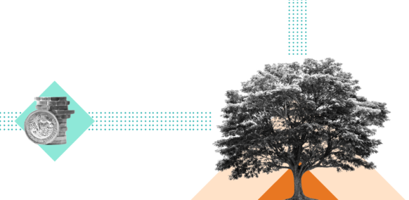 Abstract illustration to represent financial and economic matters. A greyscale tree overlayed on top of orange triangle shapes, with a greyscale stack of pound coins to the left, overlayed on a blue diamond shape. 