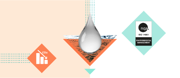Abstract illustration representing environmental management. The left side is light orange, the right side is white. A greyscale water droplet is in the centre, a bar chart icon to the left showing a decrease in CO2 and an EMS ISO:14001 logo to the right.